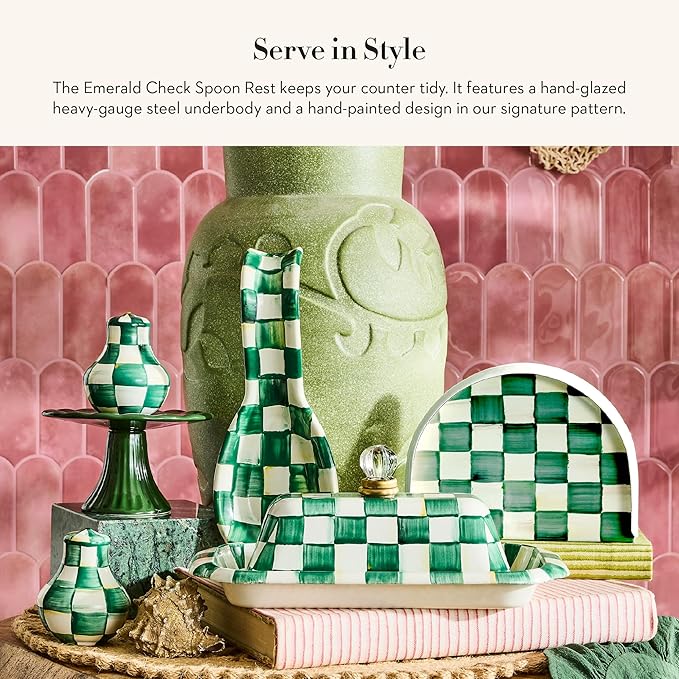 MACKENZIE-CHILDS Enamel Spoon Rest, Kitchen Utensil Rest and Spoon Holder, Kitchen Decor, Green-and-White Emerald Check