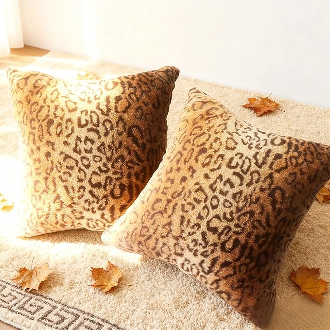 Faux Fur Throw Pillows, Set of 2 Decorative Square Couch Pillow Covers, Leopard Cheetah Print Luxury Soft Plush Animal Pillowcase for Sofa, Bedroom Living Room Decor, 18x18, Brown