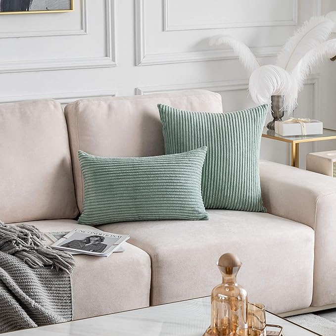 Home Brilliant Sage Green Throw Pillow Covers 18x18 Corduroy Spring Pillow Covers for Couch Set of 2 Pillow Covers for Sofa Bed Living Room Decor, 18 x 18 Inch, Iceberg Green