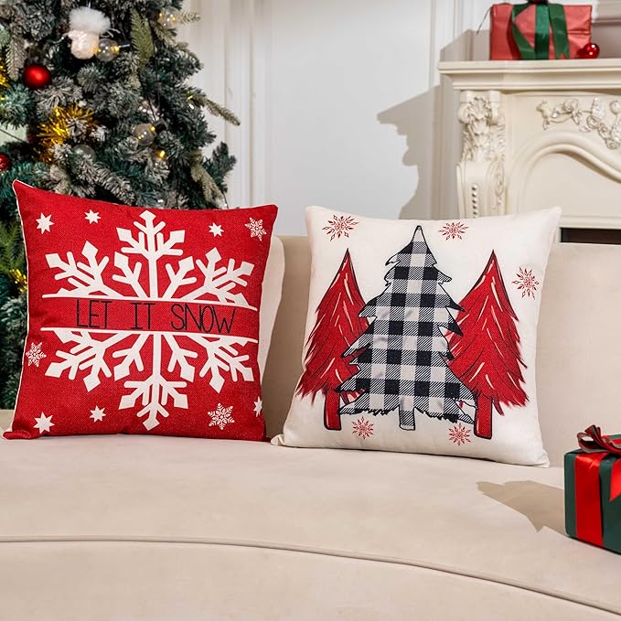 Red Christmas Decorations-Throw Pillow Covers 18x18 in Set of 4,Decorative Joy Snowflake Pillow Case for Couch Sofa Winter Holiday Indoor Outdoor Home Red White Xams Decorations