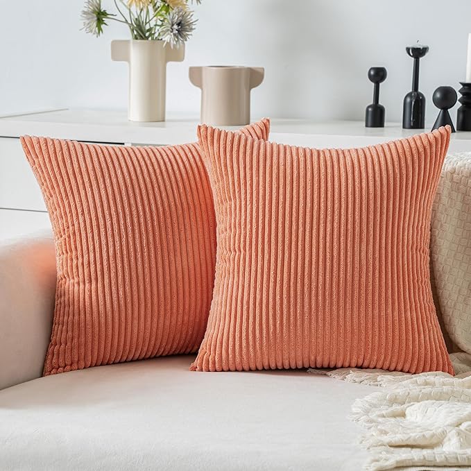 MIULEE Coral Red Corduroy Pillow Covers 16x16 Inch Set of 2 Super Soft Boho Striped Pillow Covers Decorative Textured Throw Pillows for Couch Cushion Bed Livingroom