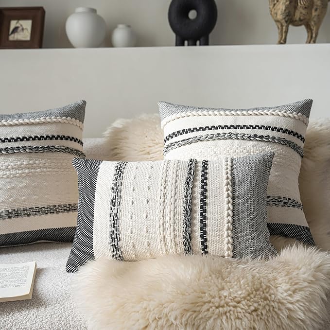 Boho Throw Pillow Covers 18x18 Inch Set of 2, Black Textured Decorative Couch Pillow Cases for Farmhouse Home Decor, Accent Cushion Cover for Sofa, Bed, Living Room, Bedroom