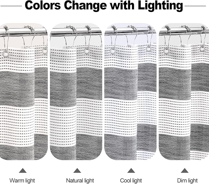 Boho Farmhouse Heavyweight Shower Curtain with Tassels, 350GSM Cotton Linen Fabric Shower Curtain for Rustic Bathroom, 72 x 72 Inch Vintage Black and White Striped Bath Curtain Water-Repellent