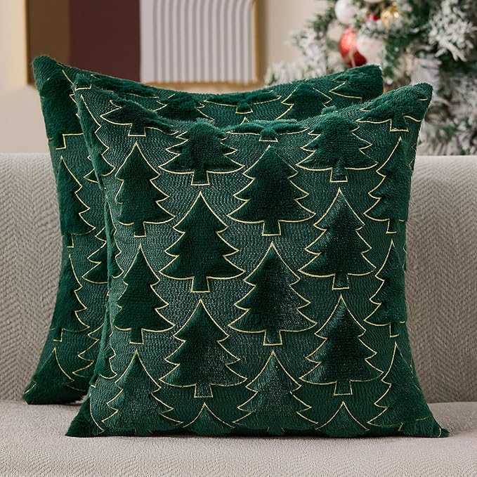 Christmas Pillow Covers 20x20 Set of 2 Green Christmas Tree Decorations Pillow Covers Soft Plush Faux Fur Pillow Cases Decor for Xmas Winter Holiday Home Bedroom Sofa Cushion Cases PT-017A20