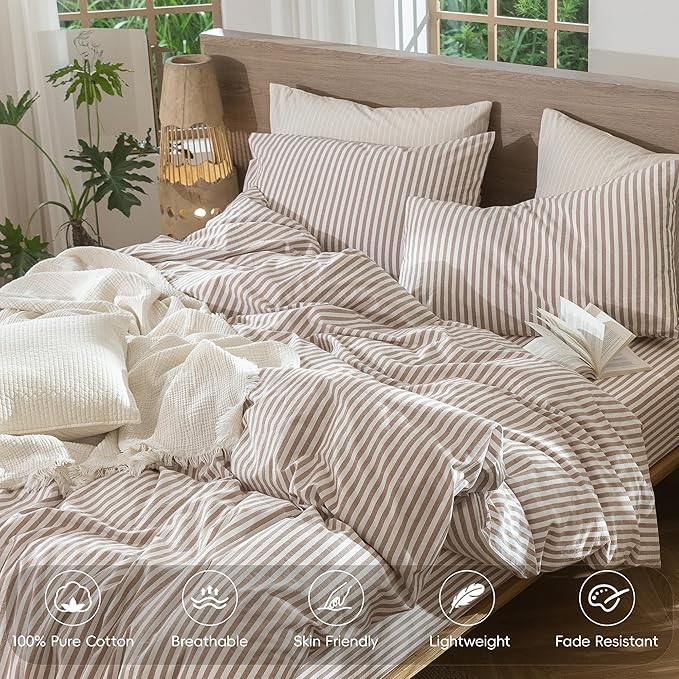MooMee Striped Duvet Cover Set 100% Washed Cotton Linen Like Textured Breathable Durable Soft Comfy (Orange Classic Stripes, Full 80"x90")