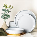 bzyoo 12 Piece Melamine Dinnerware Set - Durable, Dishwasher Safe White Plates and Bowls - for Casual Dining, Parties Dish Set, White Mono Collection