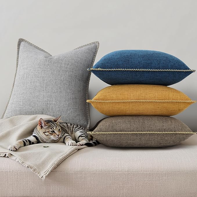 decorUhome Decorative Outdoor Throw Pillow Covers 16x16 Set of 2, Square Linen Rustic Neutral Farmhouse Euro Pillow Covers with Stitched Edge for Couch, Sofa, Living Room, Light Grey