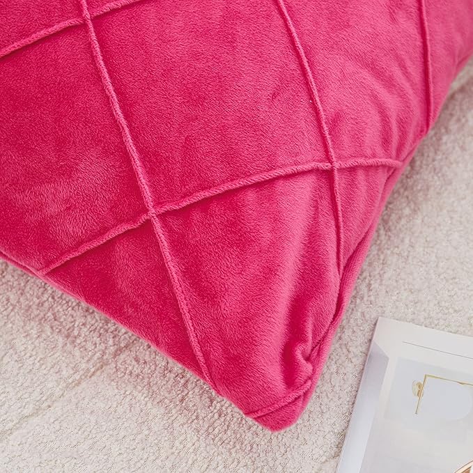 JAUXIO Diamond Pinch Pleated Crystal Velvet Pillowcases 2 Pack Solid Pintuck Throw Cushion Cover for Home Decor Hidden Zipper Closure (Hot Pink, Standard)