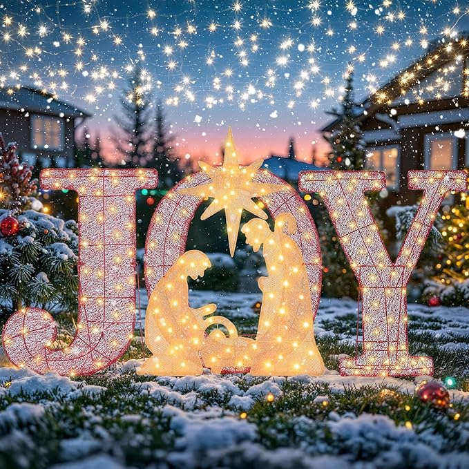 3-Piece Christmas Lighted Joy Sign Decoration,32Inch Oversized Pre-Lit Nativity Scene,2-in-1 Weather Resistant Holiday Yard Decor Freestanding or Wall Decor for Garden Yard Porch or Indoor