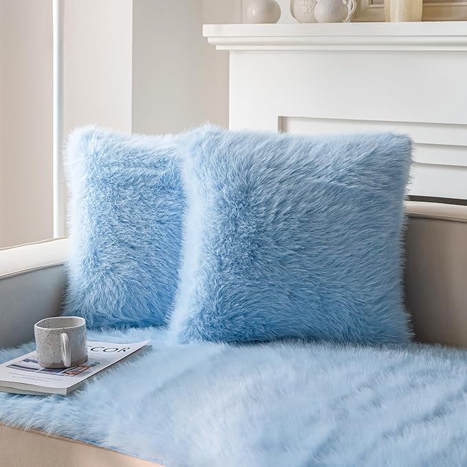 Neelvin Blue Faux Fur Cozy Fluffy Double-Sided Decorative Throw Pillow Covers 18x18 inch Set of 2,Velvet Pillowcase Cushion Case for Sofa Couch