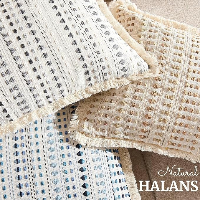 Decorative Pillow Covers Set of 2, Boho Farmhouse Couch Throw Pillows with Tassels, Textured Small Dot Pattern Cushion Cases for Sofa Living Room Home Decor (Blue, 22" x 22" (Pack of 2))