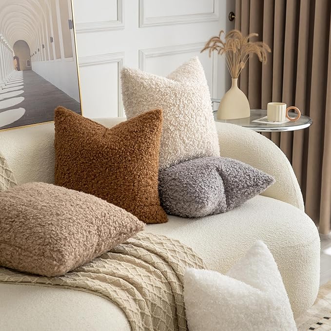 Pack of 2 Curly Teddy Wool Faux Fur Throw Pillow Covers Fuzzy Accent Soft Sherpa Pillowcases Sheepskin Fleece Decorative Cushion Case for Sofa Couch Living Room 12x20 Inch Light Grey