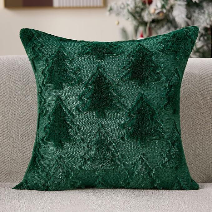 Christmas Pillow Covers 20x20 Set of 2 Green Double Christmas Tree Decorations Pillow Covers Soft Plush Faux Fur Decor for Xmas Winter Holiday Home Bedroom Sofa Cushion Cases PT-016A20