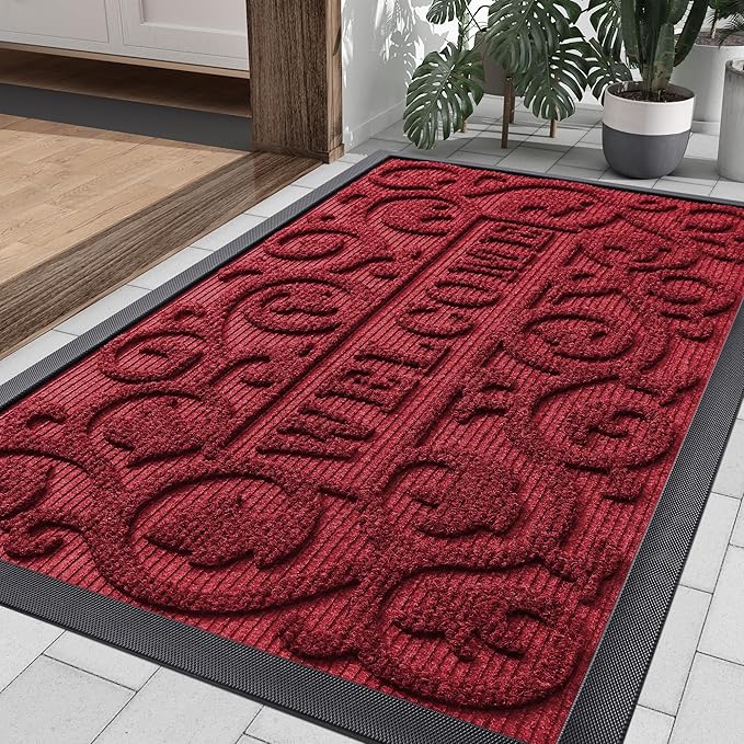 Smiry Welcome Door Mat Outside Entrance, Heavy Duty Trap Dirt and Moisture Easy Clean Low Profile Patio Porch Indoor Outdoor Front Doormat for Entry, 36x24 Inch, Burgundy/Welcome