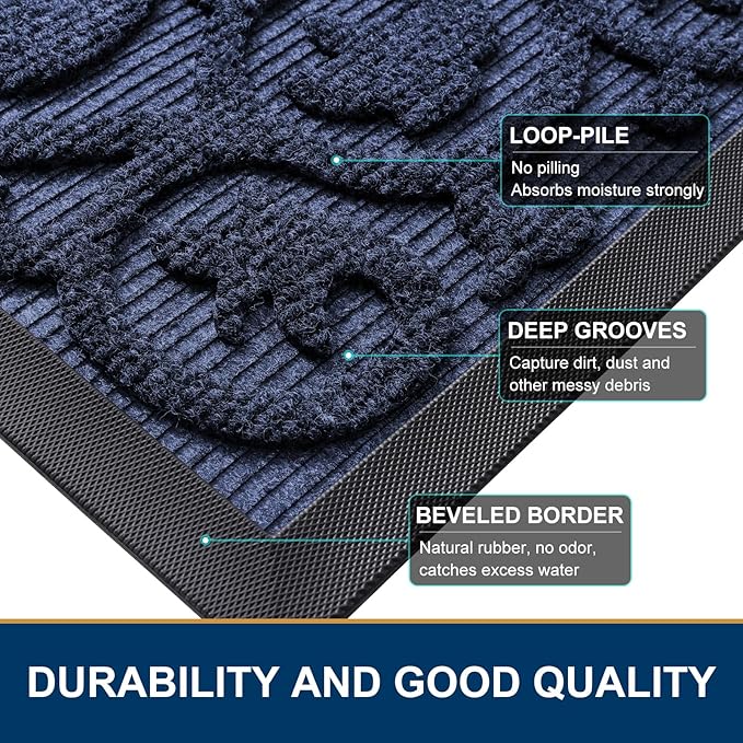 Smiry Welcome Door Mat Outside Entrance, Heavy Duty Trap Dirt and Moisture Easy Clean Low Profile Patio Porch Indoor Outdoor Front Doormat for Entry, 47x32 Inch, Navy Blue/Welcome