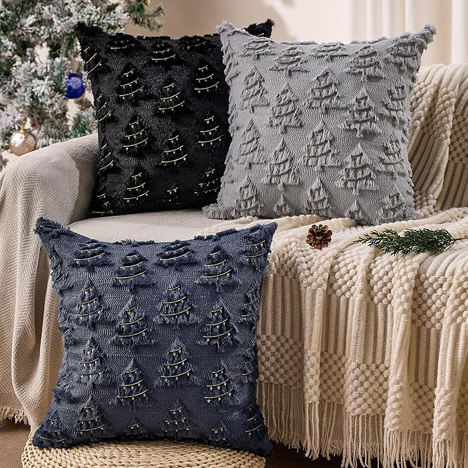 Christmas Pillow Covers 18x18 inch Set of 2 Soft Plush Christmas Decor Navy Blue Xmax Tree Yellow Colored Lights Decoration Throw Pillow Case for Winter Holiday Sofa Living Room PT003H18