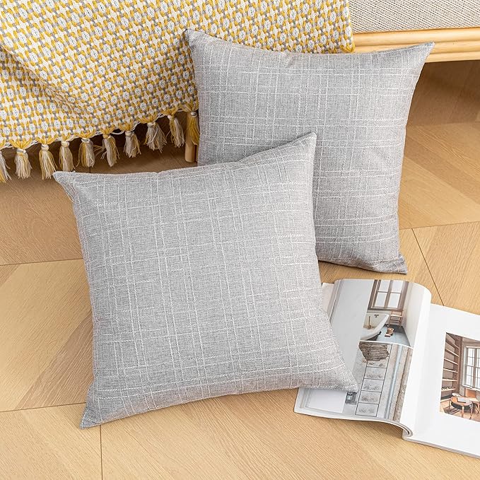 Kevin Textile Pack of 2 Outdoor Waterproof Pillow Covers Throw Pillow Covers Decorative Pillowcases Checkered Weaving Linen Pillow Cases for Sofa Couch Patio Garden 24x24 Inch Grey