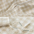 MooMee Gingham Duvet Cover Set 100% Washed Cotton Linen Like Textured Breathable Durable Soft Comfy Modern Checkered Design (Almond Milk Grey Gingham, Twin 68"x90")