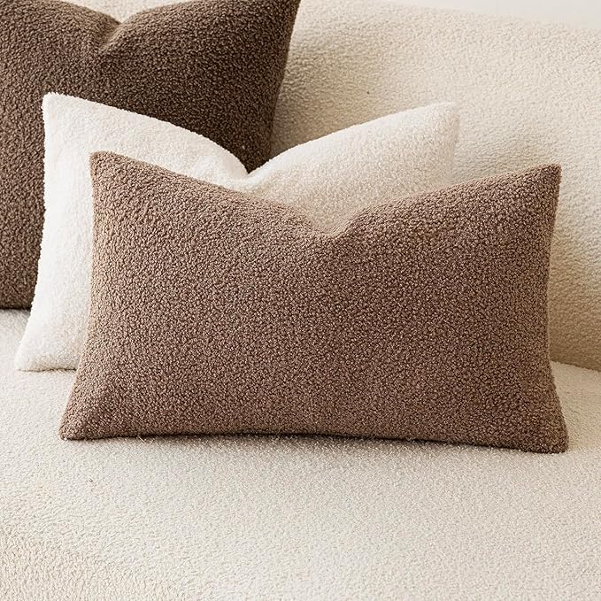 Foindtower Pack of 2, Curly Faux Fur Decorative Throw Pillow Covers Soft Plush Cushion Case with Zipper Cozy Boho Lumbar Pillowcase for Home Living Room Couch Bedroom Sofa 12 x 20 Inch, Chocolate
