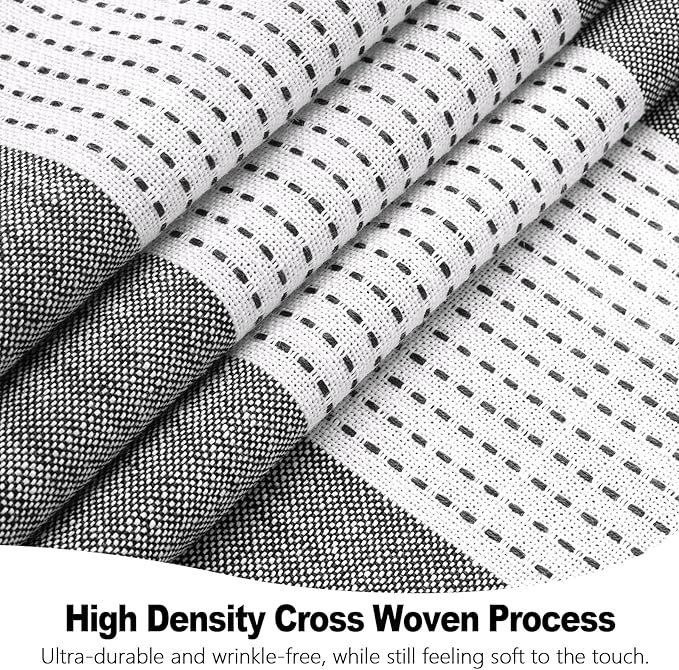 Boho Farmhouse Heavyweight Shower Curtain with Tassels, 350GSM Cotton Linen Fabric Shower Curtain for Rustic Bathroom, 72 x 72 Inch Vintage Black and White Striped Bath Curtain Water-Repellent