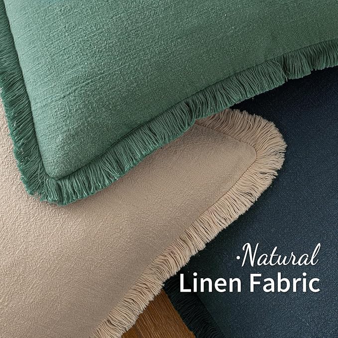 MIULEE Decorative Lumbar Throw Pillow Covers Neutral Linen Fringe Throw Pillows Set of 2 Navy Blue Boho Farmhouse Cushion Covers for Couch Sofa Bed Living Room Spring Home Decor 12x20 Inch