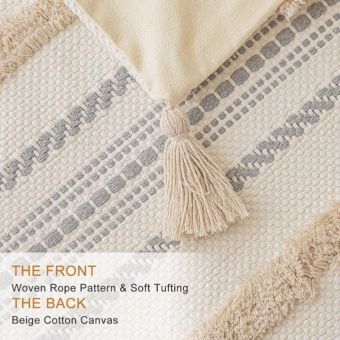 Boho Throw Pillow Covers 20x20 Set of 2 Woven Tufted Farmhouse Pillows Cover with Tassels Textured Striped Cushion Case Neutral Pillow Cases Decorative Pillowcase for Sofa, Couch, Bed, Khaki