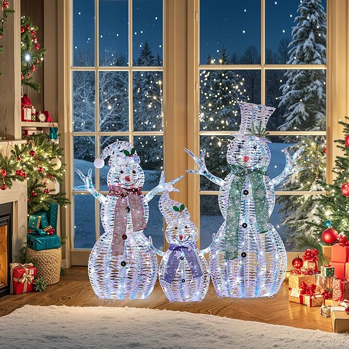Large Christmas Snowman Family Decorations, 43Inch 3D Pre-Lit Iridescent Snowman with 200 LED Lights & Zip Ties, Indoor Outdoor Holiday Decor for Yard,Porch,Home-Iridescent