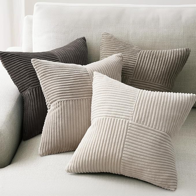 Topfinel Decorative Neutral Gray Throw Pillow Covers for Couch,Boho Cozy Soft Cushion Covers Set of 4 with Corduroy,Accent Pillowcases for Sofa,Bed,Living Room Home Decor 24×24 Inch (Cream,Grey)