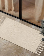 Savi Home Cotton Woven Jacquard Bathroom Rug, Woven Fringe Bathroom Mats, 100% Cotton, Non - Slip Bath Mat, Durable Thick Bath Mat 20”x38” with Fringes, Ivory