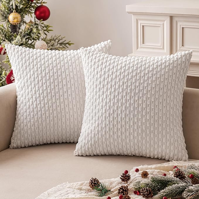 MIULEE Christmas Throw Pillow Covers Soft Corduroy Decorative Set of 2 Boho Striped Pillow Covers Pillowcases Farmhouse Home Decor for Couch Bed Sofa Living Room 18x18 Inch Pure White