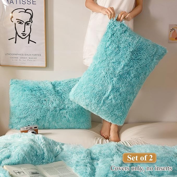 XeGe Faux Fur Throw Pillow Cases, Plush Shaggy Ultra Soft Pillow Covers, Fluffy Crystal Velvet Decorative Pillowcases, Furry Fuzzy Pillow Shams Zipper Closure, Set of 2 (King, Aqua Ombre)