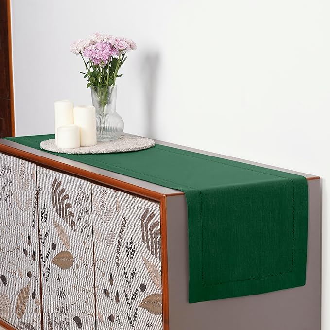 D'Moksha Homes Linen Forest Green Table Runner 48 Inches - Classic Hemstitch, 100% Pure Linen Coffee Table Runner 14 x 48 Inch Ideal for Dresser Tables - Fall, Autumn and Halloween