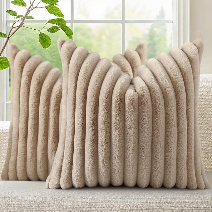 decorUhome Fall Faux Fur Throw Pillow Covers 16x16 Set of 2, Decorative Soft Plush Striped Neutral Couch Euro Pillow Covers with Velvet Back for Sofa, Bed, Living Room Home Decor, Light Khaki Brown