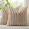 decorUhome Fall Faux Fur Throw Pillow Covers 22x22 Set of 2, Decorative Soft Plush Striped Neutral Couch Euro Pillow Covers with Velvet Back for Sofa, Bed, Living Room Home Decor, Light Khaki Brown