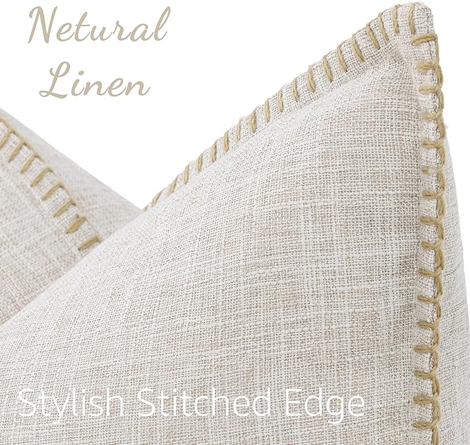 decorUhome Decorative Outdoor Throw Pillow Covers 12x20 Set of 2, Lumbar Linen Rustic Neutral Farmhouse Euro Pillow Covers with Stitched Edge for Couch, Sofa, Living Room, Beige
