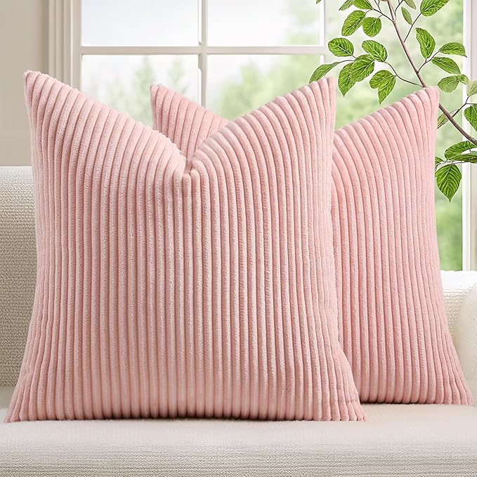 Mecatny Corduroy Decorative Throw Pillow Covers 22x22 Set of 2 for Sofa Living Room, Soft Neutral Boho Couch Pillow Covers for Home Decor, Pink