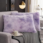 WERDIM Shaggy Faux Fur Pillowcases 2 Pack Button Closure Velvet Pillow Shams King Size (Tie Dye Lilac, 20 X 36 Inches)