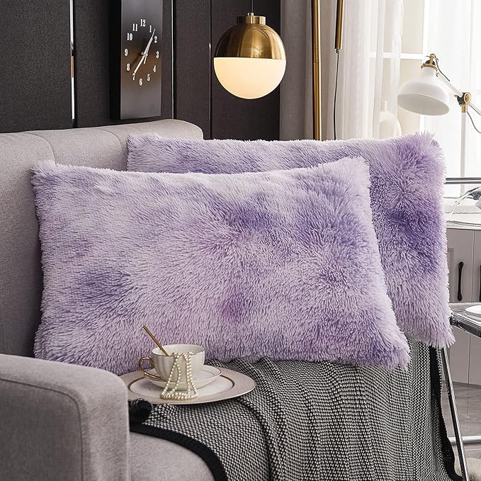 WERDIM Shaggy Faux Fur Pillowcases 2 Pack Button Closure Velvet Pillow Shams King Size (Tie Dye Lilac, 20 X 36 Inches)