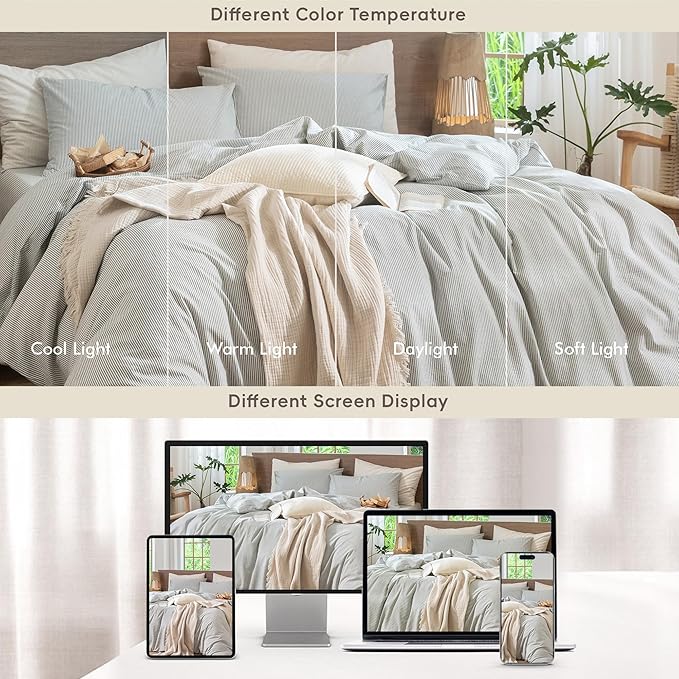 MooMee Striped Duvet Cover Set 100% Washed Cotton Linen Like Textured Breathable Durable Soft Comfy (Heathered Green Pinstripes, Twin 68"x90")