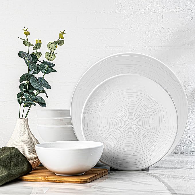 bzyoo 12 Piece White Melamine Dinnerware Set - Durable, Easy to Clean Plates and Bowls - Ideals for Parties, Camping Dish Set BPA Free Organica White Collection