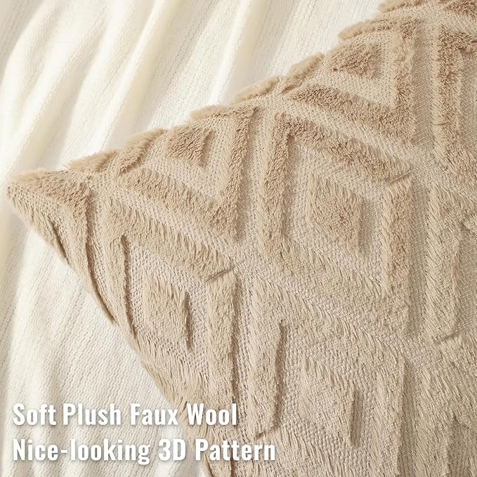 decorUhome Couch Throw Pillow Covers 12x20 Set of 2, Decorative Soft Plush Faux Wool Lumbar Neutral Accent Pillow Covers for Bed Sofa Living Room, Light Khaki