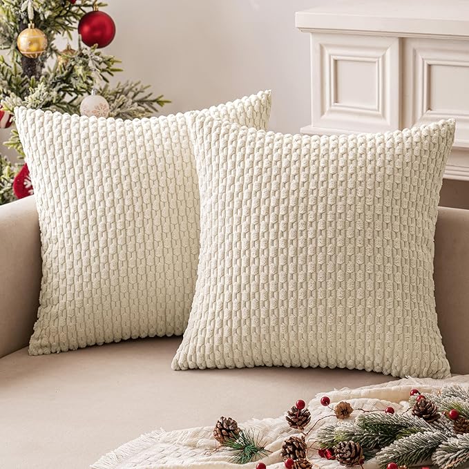 MIULEE Pack of 2 Decorative Throw Pillow Covers 16x16 Inch Soft Boho Striped Textured Corduroy Pillow Covers Modern Farmhouse Home Decor for Couch Bed Sofa Living Room Cream White