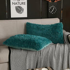 WERDIM Shaggy Fluffy Faux Fur Pillowcases 2 Pack Button Closure Velvet Pillow Shams Standard/Queen Size (Teal Green, 20 X 26 Inches)