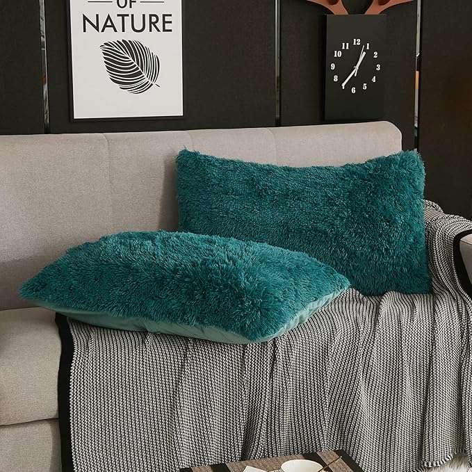 WERDIM Shaggy Fluffy Faux Fur Pillowcases 2 Pack Button Closure Velvet Pillow Shams Standard/Queen Size (Teal Green, 20 X 26 Inches)