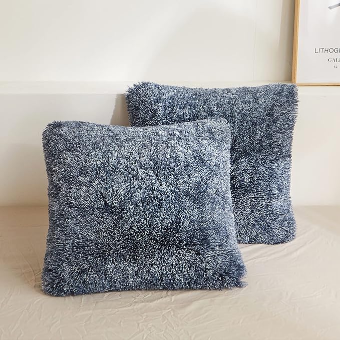 XeGe Soft Faux Fur Throw Pillow Covers, Luxury Fluffy Cushion Covers, Shaggy Plush Furry Pillow Cases, Fuzzy Decorative Pillow Covers Pack of 2 for Sofa Bed Couch (18''x18'', Navy Blue Ombre)