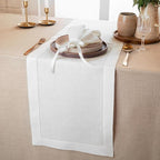 D'Moksha Homes Linen White Table Runner 84 Inches Long - 100% Pure Linen Table Runner 14 x 84 Inch for Fall, Autumn and Halloween - Classic Hemstitch