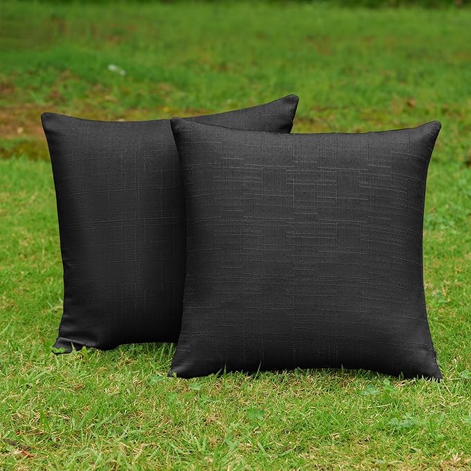 NiNi ALL Pack of 2 Decorative Outdoor Waterproof Pillow Covers Square Garden Linen Textured Cushion Sham Throw Pillowcase Set of 2 for Patio Farmhouse Garden Tent Couch 24x24 Inch Black