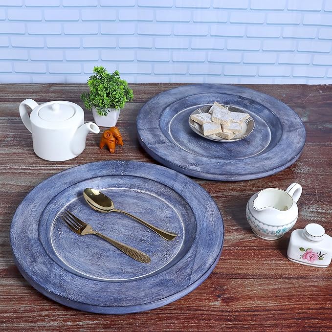 CLEENTABLE Assorted Set of 2 Wooden Charger Plates - 13" Round Farmhouse Wood Plates - Decorative Dinner Plates for Table Setting, Serving Tray, Appetizers, or Home Décor (Blue Green)