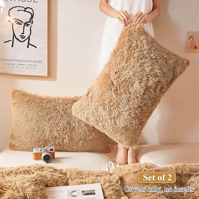 XeGe Faux Fur Throw Pillow Cases, Plush Shaggy Ultra Soft Pillow Covers, Fluffy Crystal Velvet Decorative Pillowcases, Furry Fuzzy Pillow Shams Zipper Closure, Set of 2(Standard, Camel)