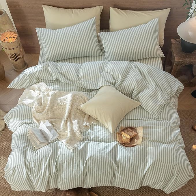 MooMee Striped Duvet Cover Set 100% Washed Cotton Linen Like Textured Breathable Durable Soft Comfy (Sage Green White Classic Stripes, Oversized King Plus 128"x120")